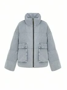 DAZY 女式冬季夹克，撞色领口袋牛仔棉服外套 - 水鴨藍 - 查看 8