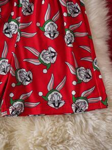 LOONEY TUNES X SHEIN Conjunto informal de camiseta de manga corta holgada con estampado de conejo y pantalones cortos para niña preadolescente, conjunto a juego para la familia en Navidad