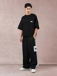 SUMWON Wide Leg Track Pants With Striped Side Panel Logo Patch Drawstring Waist Relaxed Fit Casual Streetwear Festival Winter Autumn - Black - View 3