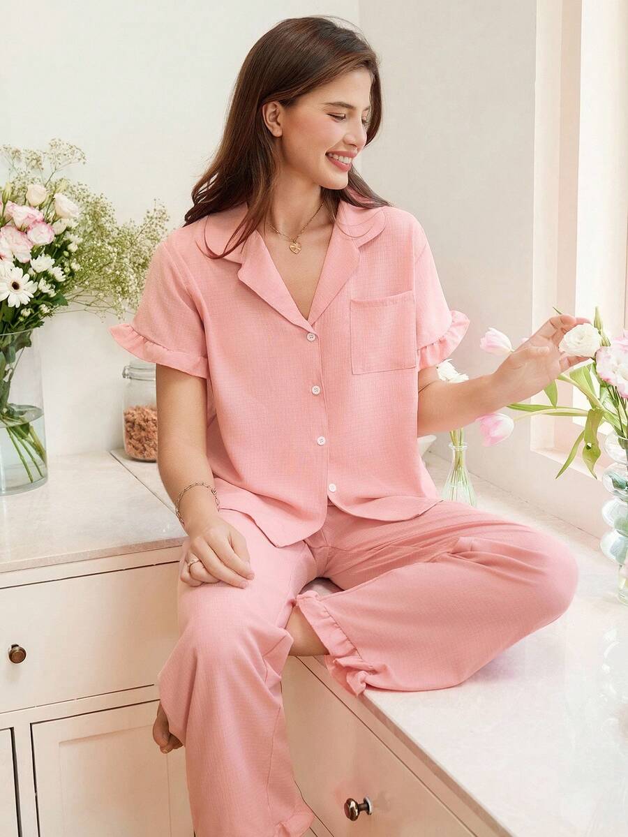 Ruffle Trim Pocket Patched PJ Set / Pajama Set