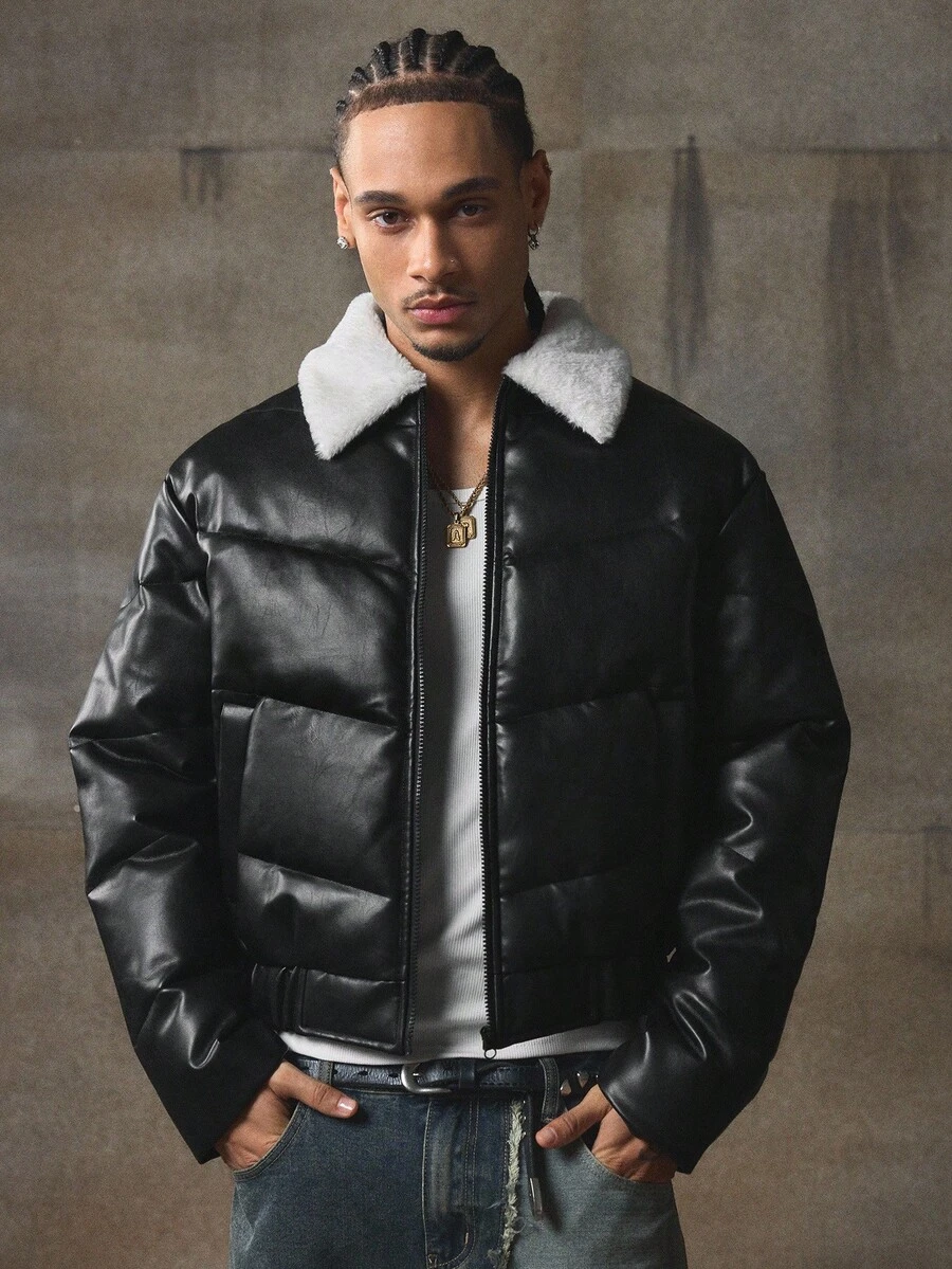AXEPEAK Men's Casual Contrast Color Fleece Collar Zip-Up Long Sleeve Winter Coat - Black - View 1