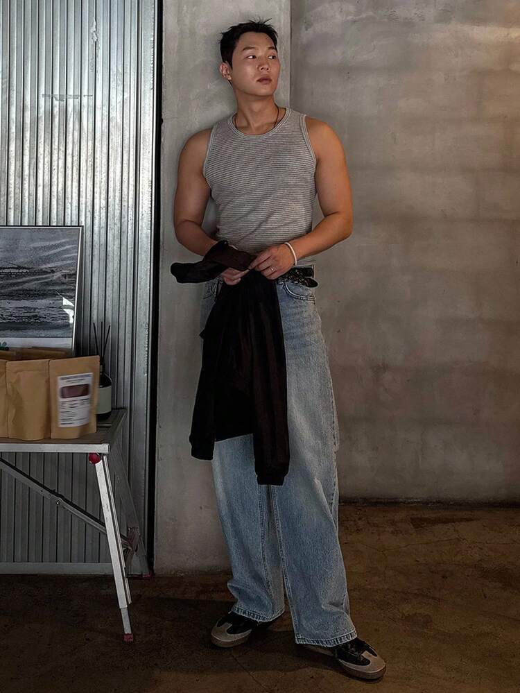 Men's Plain Washed Faded Blue Denim Jeans, Autumn