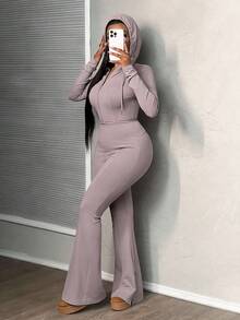 Slaydiva Conjunto de agasalho básico casual minimalista feminino 2 peças - jaqueta slim com zíper e capuz e calças flare de cintura alta - Roxo Empoeirado - Ver 7