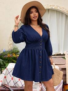 EMERY ROSE 大码女式V领束腰长袖牛仔连衣裙 - 深色水洗藍 - 查看 5