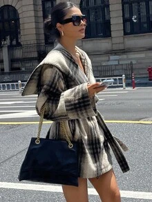 DAZY 女士优雅图案腰带常规款外套，秋冬格子女式大衣 - 灰色 - 查看 5