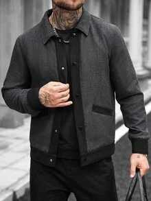 Manfinity CasualCool 男士撞色长袖单排扣休闲羊毛混纺夹克，秋冬 - 黑色 - 查看 4