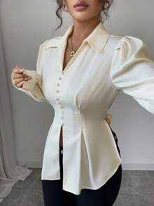 Elenzga Women's Elegant Satin V-Neck Shirt With Button Front, High-End Design Waist Cinching, Bowknot Back, Long Sleeve, Suitable For Work And Commute In Autumn - Apricot - View 4