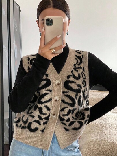 Siren Gaze Gilet en tricot à imprimé léopard, col en V à bouton unique pour femme, automne/hiver