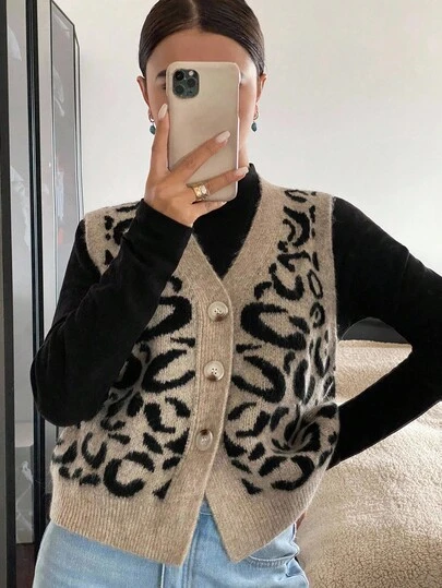 Siren Gaze Damen Strickweste mit Leoparden-Muster und V-Ausschnitt, Knopfleiste, Herbst/Winter