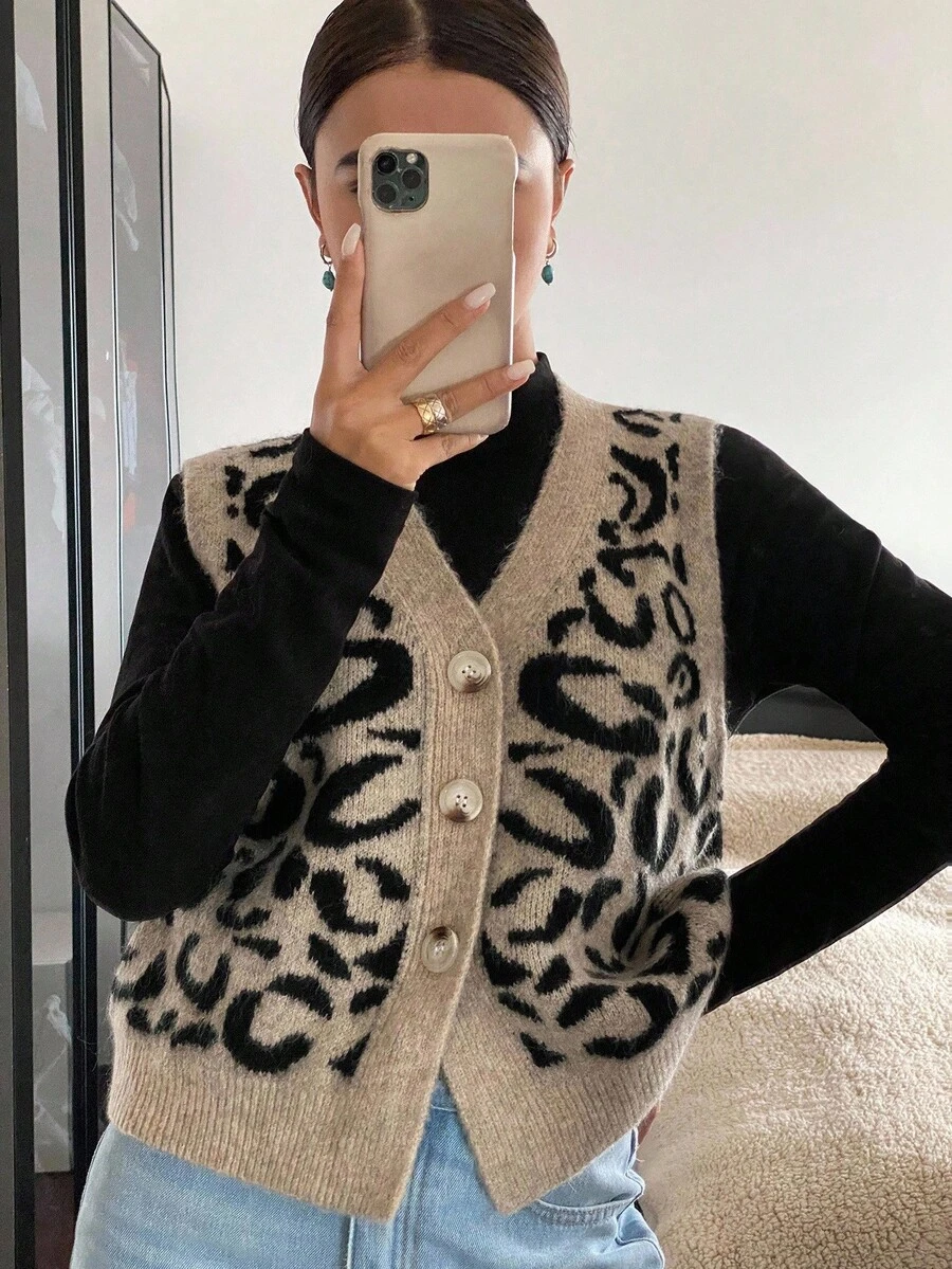 Siren Gaze Damen Strickweste mit Leoparden-Muster und V-Ausschnitt, Knopfleiste, Herbst/Winter