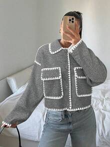 SHEIN EZwear 女士休闲撞色短款外套，秋冬季 - 淺灰色 - 查看 5