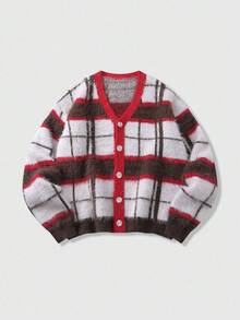 ROMWE MEN Prep Men's Plaid Button Up Cardigan, Loose Cropped Style, Fall Winter - White - View 1