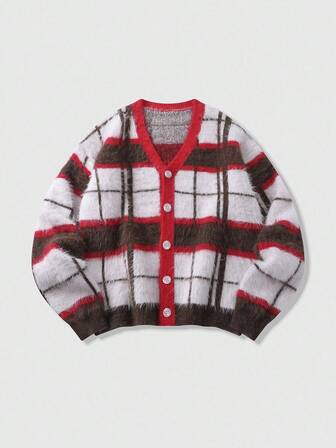 Street Life Cardigan de botones a cuadros para hombre, estilo suelto y corto, otoño e invierno