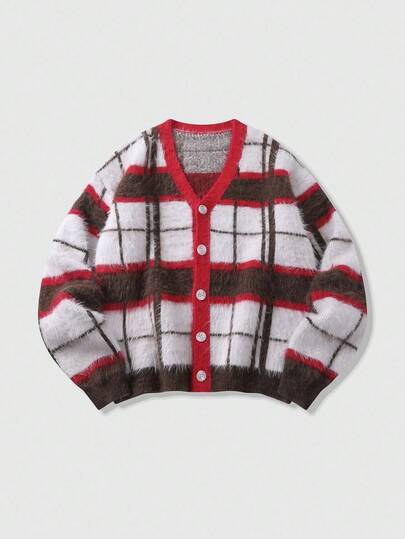 Street Life Men's Plaid Button Up Cardigan, Loose Cropped Style, Fall Winter