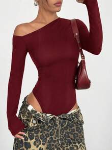 SHEIN EZwear 女士单肩勃艮第酒红色连体衣 - 酒紅色 - 查看 4