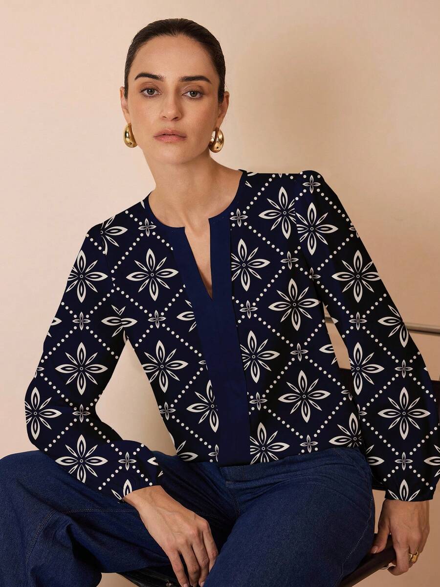 Glamance Shutterstock 藏蓝色花卉拼接V领休闲优雅简约女式衬衫,适合日常、工作、外出、办公室、旅行等场合,秋冬季外出优雅衬衫,时尚别致服装系列 - 彩色 - 查看 1