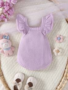 SHEIN 女婴花卉刺绣针织连体衣，优雅百搭，适合日常穿着、居家、户外和旅行 - 紫色 - 查看 2