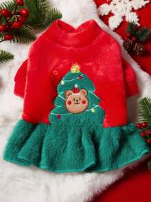 PETSIN PC猫狗通用宠物秋冬衣服可爱圣诞树小狗裙圣诞连衣裙舒适秋冬保暖连衣裙 - 紅綠 - 查看 2
