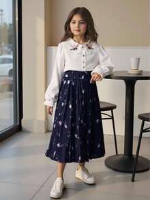 Tween Girl Floral Print Pleated Skirt - Navy Blue - View 1