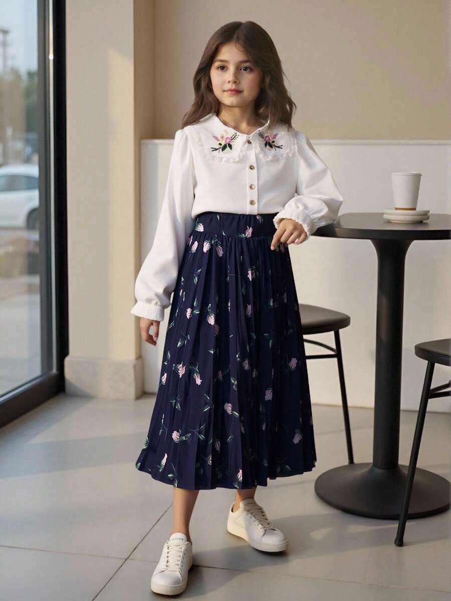 Tween Girl Floral Print Pleated Skirt - Navy Blue - View 1