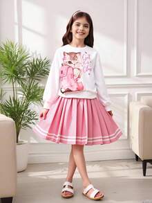 SHEIN 2 件套 少女可爱猫咪印花运动衫和百褶迷你裙套装 - 白色 - 查看 3