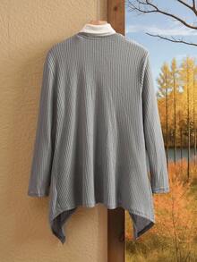 Rusticease Plus Size  Fashion Asymmetrical Collar Design Long Knit Cardigan For Going Out And Work Fall Autumn,Spring - Grey - View 2