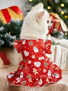 PETSIN 1 Cute Christmas Printed Red Dress Princess Dress Pet Bubble Sleeve Skirt