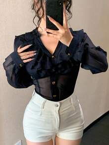 DAZY Women's Layered Ruffle Patchwork Slim Fit Sexy Sheer Chiffon Blouse With Metal Button Decor, Long Sleeve, Suitable For Autumn, Spring & Summer - Navy Blue - View 5