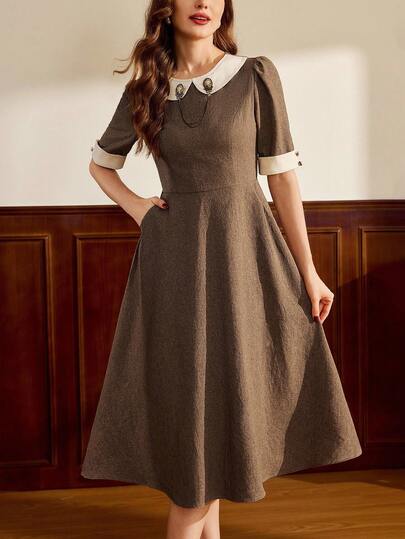 Vintamour 复古经典优雅女式连衣裙，修身领口连衣裙，带口袋和 3/4 袖，喇叭下摆灰色连衣裙