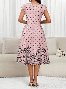 SHEIN Lady 春夏网纱拼接飞袖波点花朵印花度假连衣裙 - 淺粉色 - 查看 2