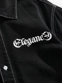 ROMWE MEN Goth Herren Streetwear Mode Hemd mit Buchstaben-Muster und Strass-Verzierung, Kurzarm Denim-Optik - Schwarz - Übersicht 3