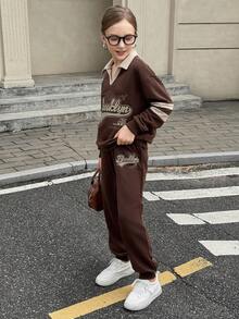 2 peças Camiseta de Manga Longa com Gola Polo e Bloco de Cores com Estampa de Letra + Calça de Cor Sólida para Meninas, Conjunto Esportivo Casual Adequado para Uso Diário, Volta às Aulas, Esportes na Primavera e Outono - Marrom Claro - Visão 4