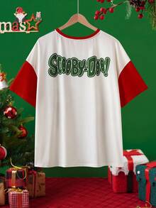 SCOOBY-DOO X SHEIN 大码女式休闲圣诞可爱卡通狗和字母印花撞色落肩宽松T恤 - 彩色 - 查看 2