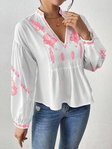 EMERY ROSE Áo sơ mi peplum tay dài in họa tiết nhún bèo cho nữ - Hồng - Xem 3