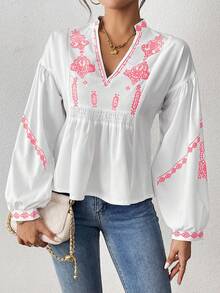 EMERY ROSE Áo sơ mi peplum tay dài in họa tiết nhún bèo cho nữ - Hồng - Xem 5