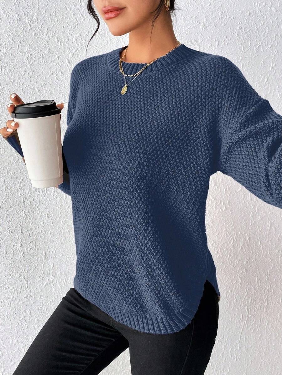 EMERY ROSE All-Match Solid Color Casual Loose Crew Neck Long Sleeve Women Sweaters - Dark Blue - View 1