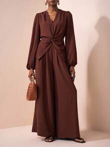 Zivah 2025 Herbst und Winter Neu Pendler Elegant Lässig Urlaub Braun V-Ausschnitt Verdrehte Langarm Bluse + Hohe Taille Weite Bein Lang Hose Damen Zweiteiler Set, Reise, Pendeln, Party, Urlaub, Old Money Stil, Einkaufen, Bankett, Elegant, Party, Date, Lässig - Braun - Übersicht 4