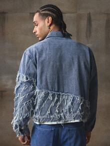 AXEPEAK 男士浅色时尚长袖牛仔夹克，秋季 - 藍色 - 查看 2