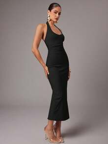 Silquee Women's Solid White Halter Backless Dress, Spring/Summer,Wedding Guest Dress Women - Black - View 5
