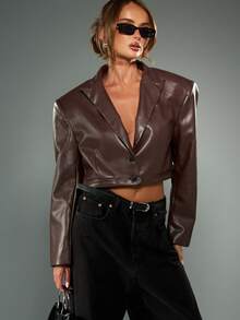 MISSGUIDED 女式短款皮革西装外套双纽扣前襟优质仿 PU 夹克时尚秋冬别致短款外套优雅晚装外套 - 咖啡棕 - 查看 4