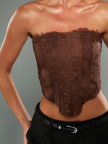 MISSGUIDED Fitted Corset Top With Intricate Lace Trim Strapless Bandeau Crop Top For Night Party Occasions - Brown - View 5