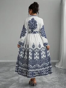 Momance 优雅V领女式印花长袖系腰连衣裙 - 藍色 - 查看 3