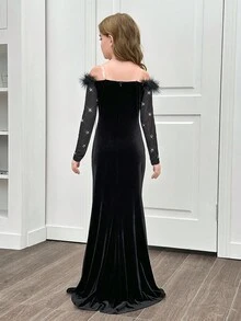 SHEIN Tween 女童修身优雅露肩蓬松饰边高开叉下摆长裙 - 黑色 - 查看 2