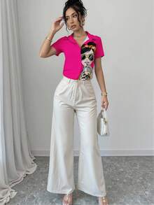 Elenzga Chemise boutonnée à manches courtes avec imprimé mode fille femme, hauts à manches courtes