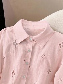 Camisa casual holgada de mujer de manga larga con bordado y abertura delantera de un solo abotonado - Verde - Ver 11