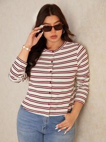 Elaquor 秋季大码女式条纹长袖单排扣休闲T恤