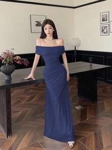 Modelyn Váy cưới/tiệc tùng trễ vai nhún eo thanh lịch cho nữ - Xanh đậm - Xem 7