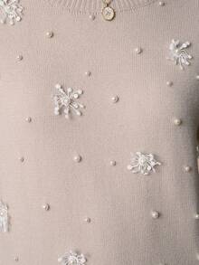 Omancia Women's Beaded Embroidered 3D Floral Casual Gentle Knit Short Sleeve Top, Suitable For Christmas, New Year, Thanksgiving, Halloween, Autumn/Winter