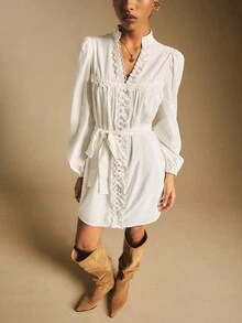 Poéselle 女士休闲纯色腰带长袖短款连衣裙 - 白色 - 查看 8