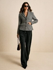 Poéselle 女士千鸟格单排扣优雅西装外套，女士冬季外套，优雅办公通勤装，新年佳节，适合日常穿着、外出、通勤、秋冬季 - 黑與白 - 查看 2